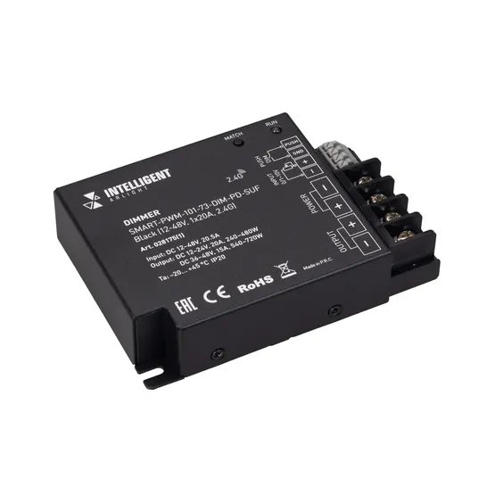 Фото #1 товара INTELLIGENT ARLIGHT Диммер SMART-PWM-101-73-DIM-PD-SUF Black (12-48V, 1x20A, 2.4G) (IARL, IP20 Металл, 5 лет)
