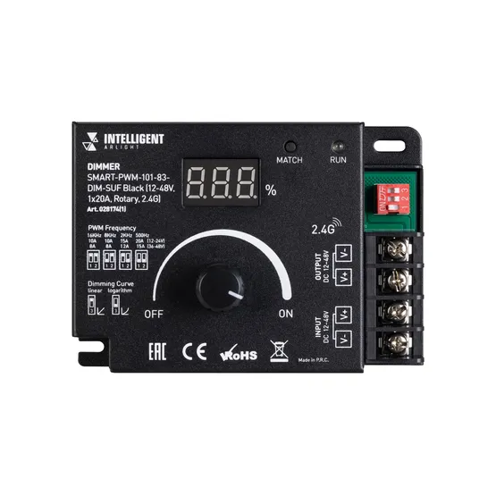 Фото #2 товара INTELLIGENT ARLIGHT Диммер SMART-PWM-101-83-DIM-SUF Black (12-48V, 1x20A, Rotary, 2.4G) (IARL, IP20 Металл, 5 лет)