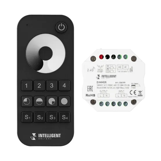 Фото #1 товара INTELLIGENT ARLIGHT Диммер SMART-SET-TRIAC-601-72-DIM-PD-IN Black (230V, 1x1.5A, x4, ПДУ 10кн, 2.4G) (IARL, IP20 Пластик, 5 лет)