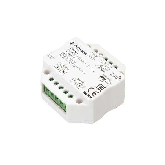 Фото товара INTELLIGENT ARLIGHT Релейный модуль SMART-SWITCH-701-72-PS-IN  (230V, 1x6A, 2.4G) (IARL, IP20 Пластик, 5 лет)