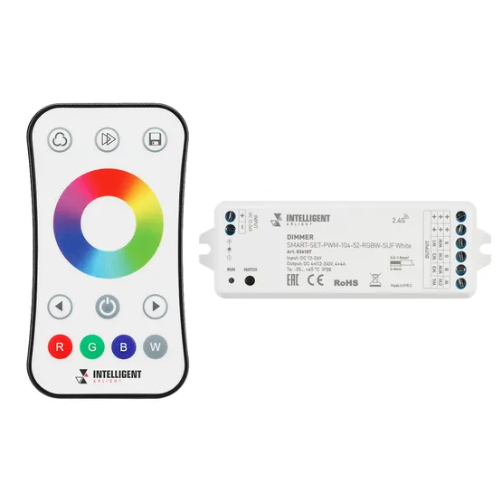 Фото #1 товара INTELLIGENT ARLIGHT Диммер SMART-SET-PWM-104-52-RGBW-SUF White (12-24V, 4x4A, ПДУ RING 10кн, 2.4G) (IARL, Контроллер)